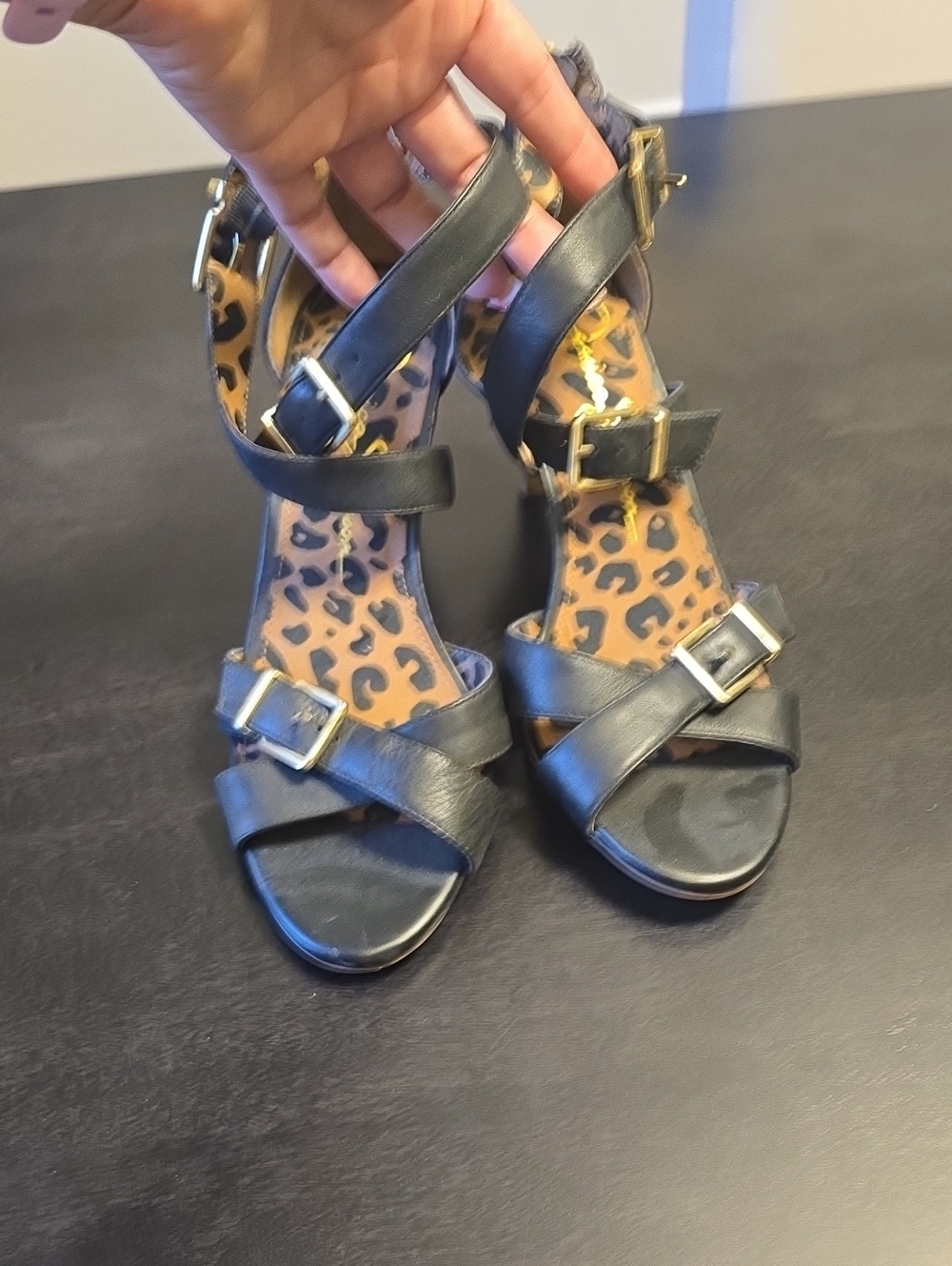 Women's Black Strappy Buckle Sandals with Leopard Insole